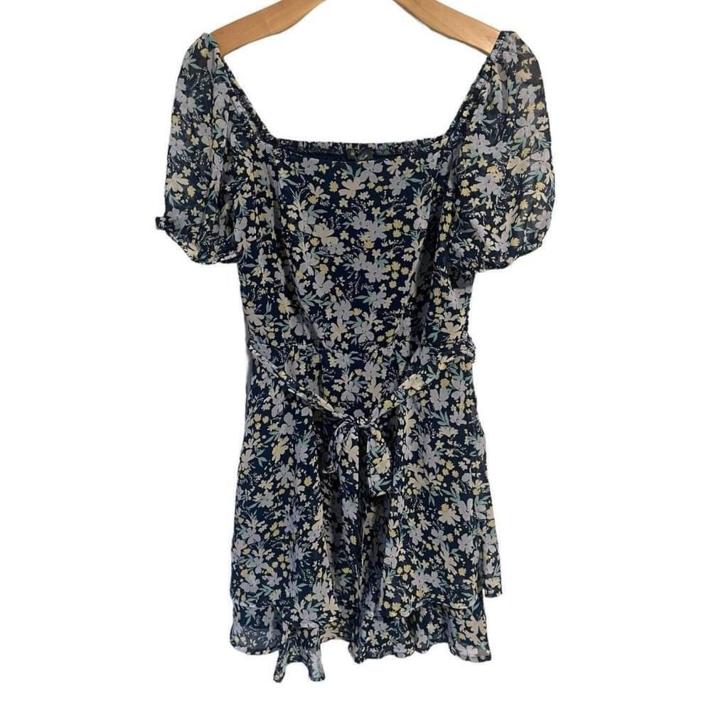 Lily Rose Mini Dress Womens XL Floral Blue Cap Sleeve Tie Waist Low Square Neck